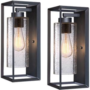 Outdoor Wall Light Fixture 14 Inch, Black Exterior Wall Sconce with Clear Seeded Glass, E26 Base, Weather Resistant Metal Porch & Garage Light 2 Pack