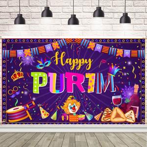 AIBIIN Happy Purim Backdrop Jewish Purim Party Banner Happy Purim Day Party Decorations Outdoor Indoor Front Door Wall Fence Background Decorations for Prim Festival 70.8 x 43.3 inch