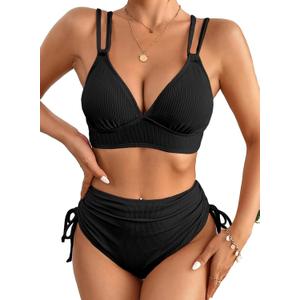 Herseas Women's Bikini Sets Two Piece Swimsuit V Neck High Waisted Ruched Tummy Control 2025 Summer Bathing Suit (Black, XS)