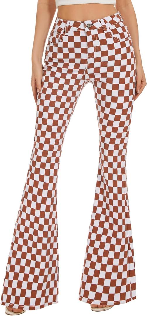 Bell Bottom Jeans for Women High Waisted Stretch Plaid Flare Jeans Denim Bootcut Pants (Brown)