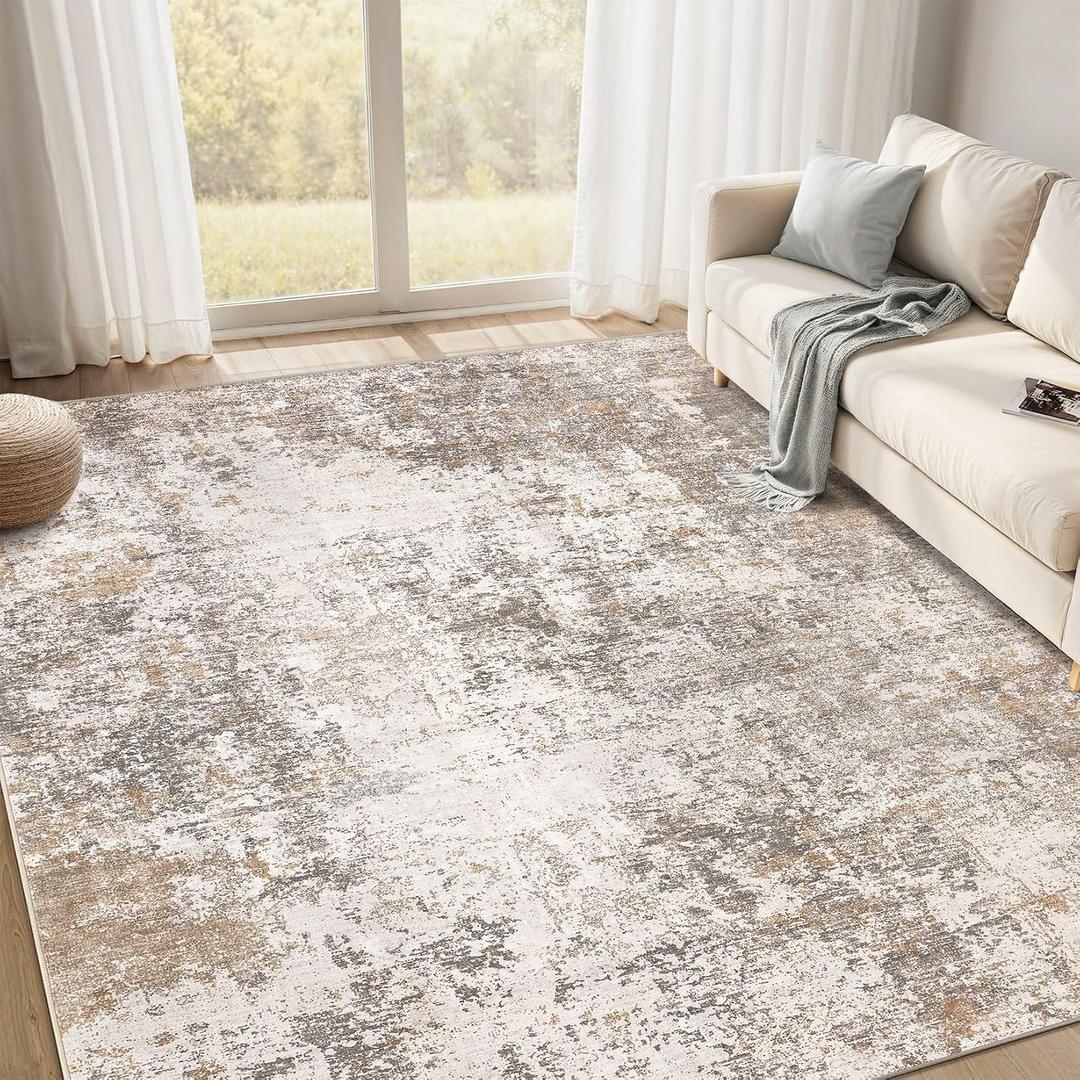 Area Rugs 9x12 Living Room: Washable Large Abstract Modern Neutral Soft Rug Stain Resistant Non-Slip Backing Carpet for Bedroom Dining Room Indoor Nursery Dorm Home Office Decor - Brown Grey