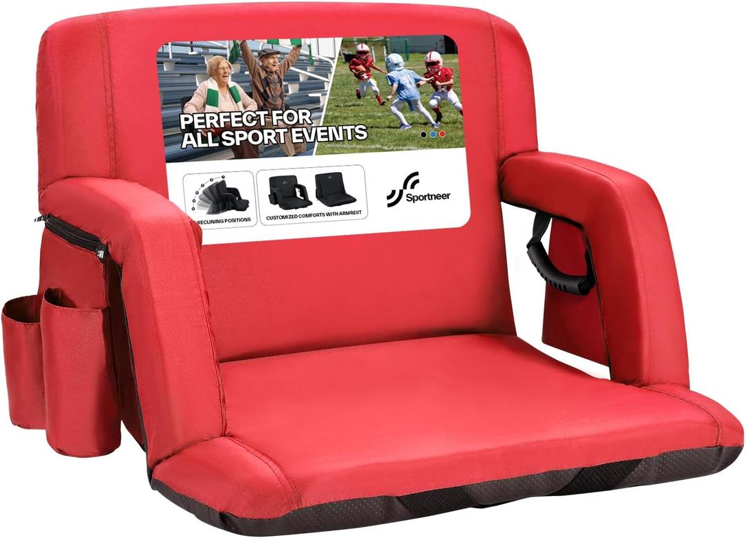 Sportneer Stadium Seats with Back Support: 2.5'' Thick Comfy Cushion 6 Adjustable Angle Bleacher Seat with Armrest - 2 Large Pockets, 2 Cup Holders Stadium Chair for Sport Events Concerts Parks, Non-Heated, Extra Wide - 24"
