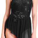 AFAVOM Women's Lyrical Dance Costume Sequin Flower Lyrical Dress Asymmetric Flowy Tulle Skirt Contemporary Dance Costumes (Black, XL)