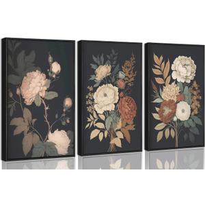 3Pcs Framed Vintage Peony Flower Still Life Canvas Wall art Rustic Dark Floral Plant Painting Picture Farmhouse Wall Decor Posters Print Artwork for Women's Room Living Room Bedroom Home Decoration