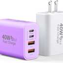 USB C Charger Block, 2Pack 40W 4 Ports Type C Fast Phone Charging Cubes PD Wall Plug+QC 3.0 USB A Charger Power Brick Box for iPhone 16/15/14/13/12/11 Pro Max, iPad, Galaxy, Pixel,White+Purple