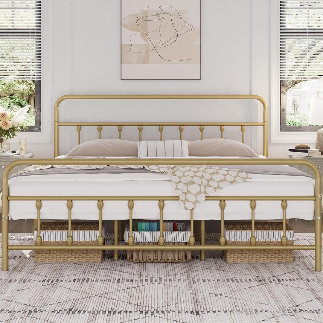 Yaheetech Classic Metal Platform Bed Frame Mattress Foundation with Victorian Style Iron-Art Headboard/Footboard/Under Bed Storage/No Box Spring Needed/King Size Antique Gold