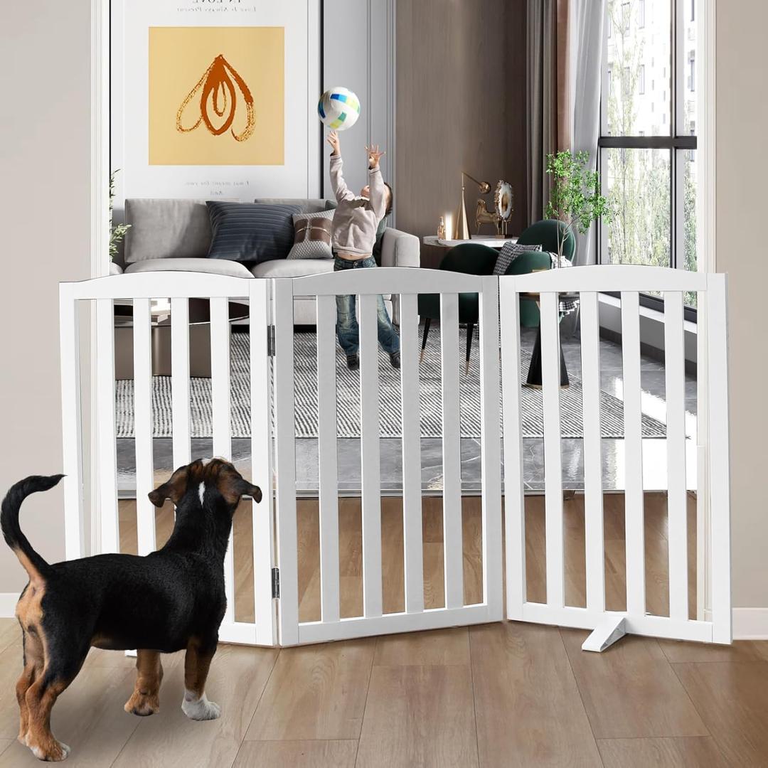 Freestanding Dog Gate Indoor,Doggie Gate Foldable Dog Gates for Doorways,Stairs or Hallways, Wooden White Pet Gate for The House, Pet Fence with Support Feet Included,32 "Height-3 Panels