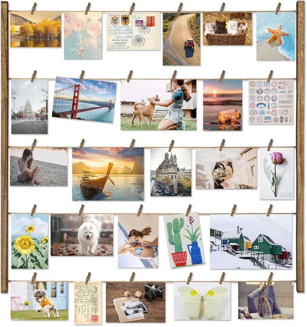Love-KANKEI Wood Picture Photo Frame for Wall Decor 2629 inch with 30 Clips and Adjustable Twines Collage Artworks Prints Multi Pictures Organizer and Hanging Display Frames Gift Carbonized Black