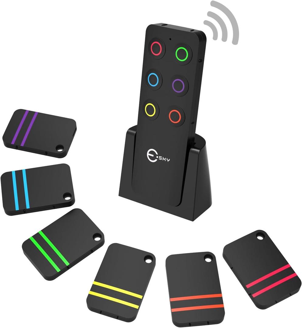 Esky Key Finder Locator with Sound, Stick-on TV Remote Control Finder, Item Locator Tags with 85dB Noise Sound 6 Receivers, Wallet Tracker Key Finders for Finding Keys, Remote Gift Idea (Black)