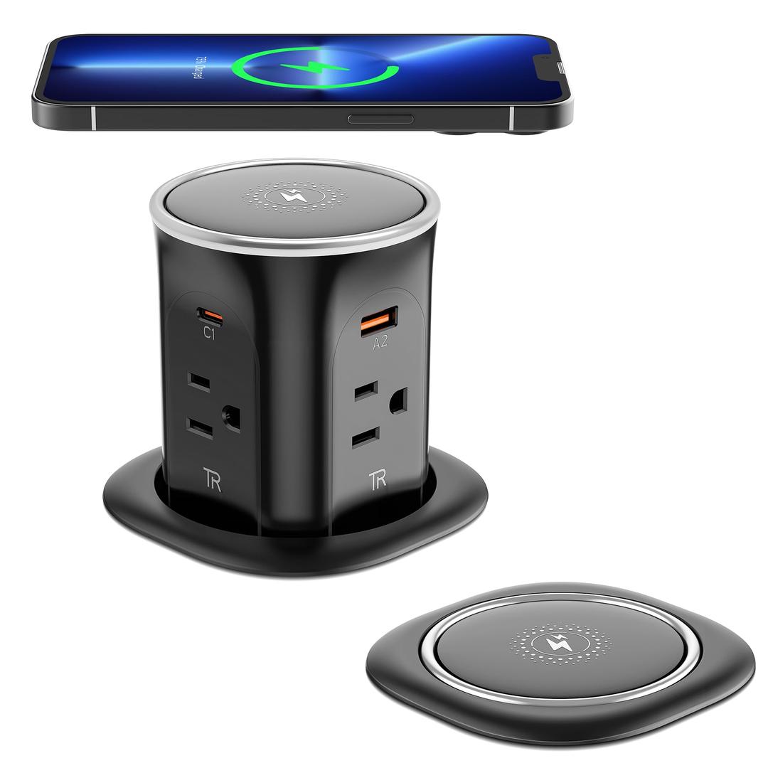 Jgstkcity Pop Up Countertop Outlet with 15W Wireless Charger,20W USB C Ports,Flush Mount Tamper Resistant,Recessed Grommet Receptacle,4 USB 4 Outlets,15A,1875W,ETL Listed,3.15in Hole 6FT-20W USB Ports, Black