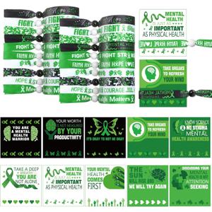 50 Pcs Mental Health Awareness Bracelets Ribbon with 50 Pcs Positive Affirmation Cards Mental Health Hope Green Ribbons Wristbands for Party Favors Fundraising Mental Health Awareness Gifts