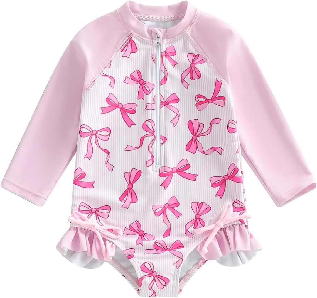 Yccutest Little Toddler Girl Long Sleeve One Piece Swimsuit Pink Bow Print Rash Guard Bathing Suit for Girls Kids Swimwear (12-18 Months)