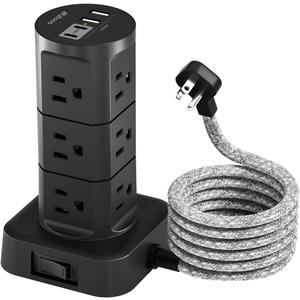 Charging Station Tower, 10Ft Power Strips with Surge Protection, Flat Plug, 12 Outlets 4 USB Ports, 1875W/15A 1080J Extension Cord with Multiple Outlets, Office Desk Supplies, Dorm Essentials