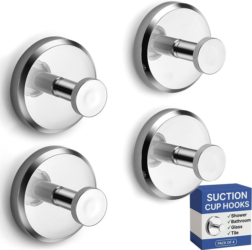 HOME SO Suction Cup Hooks for Shower & Bathroom Towel Holder 4-Pack Suction Cups Hooks for Hanging Towels, Robes, & Coats - Tiles, Glass Door or Mirror Shower Hooks & Towel Hooks Organizer -Chrome