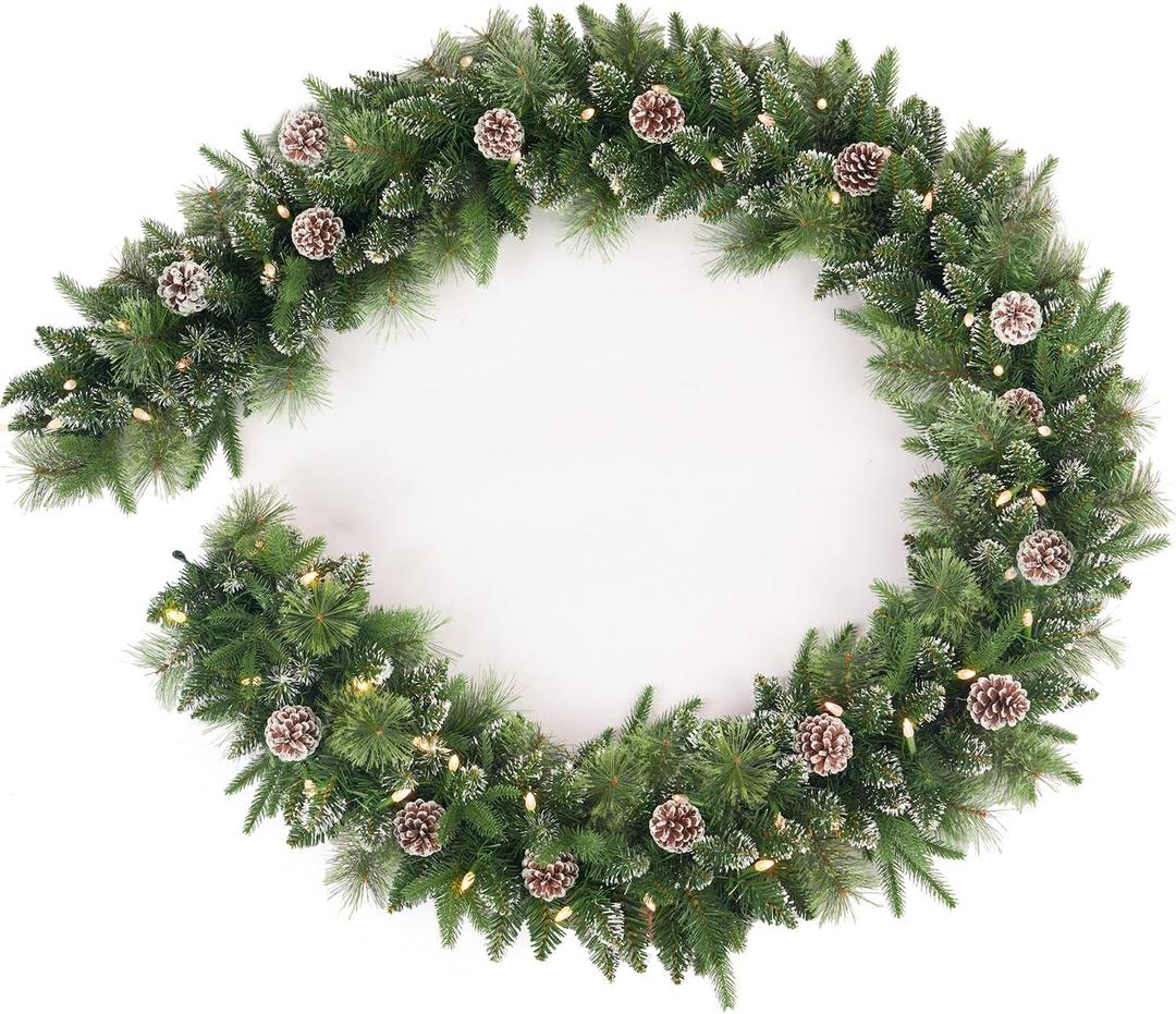 9Ft Pre-Lit Christmas Garland, Plug in, Green, 50 White Lights, Fireplace Stairs Mantle Door Indoor Outdoor, Decorated Pine Cone and Snow Style