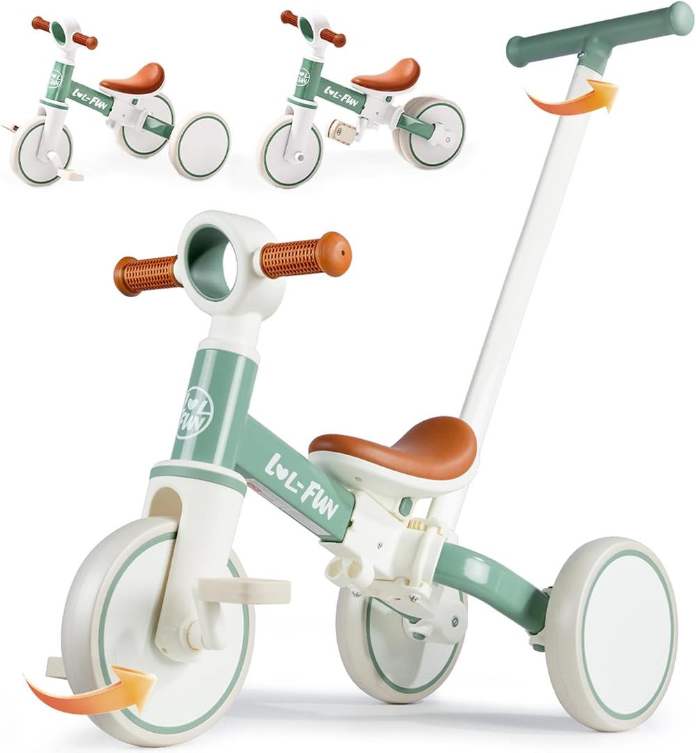 LOL-FUN 5 in 1 Toddler Tricycles for 1-3 Year Olds Boys Girls Toy, Baby Balance Bike 1 Year Old Kids Gift with Parent Steering Push Handle (Mint)