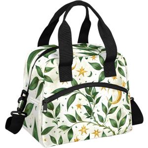 Insulated Lunch Bag for Women - Girl Green Leaves Box Reusable Meal Tote with Adjustable Shoulder Strap, Large Lunchbox for School Work Picnic Travel Camp Adult Children Kids Teens