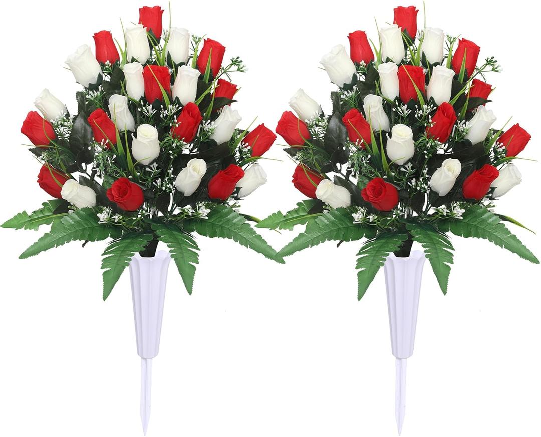 Lodou Artificial Cemetery Flowers,Outdoor Grave Decorations Roses,Arrangements Bouquet with Cemetery Vase, Silk Flowers for Long-Lasting Remembrance (Red White)