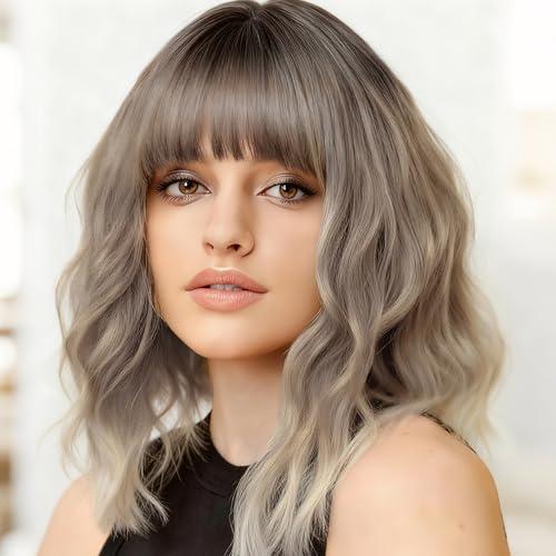 WERD Blonde Wavy Wig with Bangs Wavy Short Blond Bob Wig for Women Natural Looking Synthetic Ombre Blonde Wig for Daily Party Use