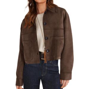 PRETTYGARDEN Women's Faux Suede Cropped Jacket Casual Lightweight Fall Fashion 2026 Winter Coats Outerwear Trendy Clothes (Brown, M)