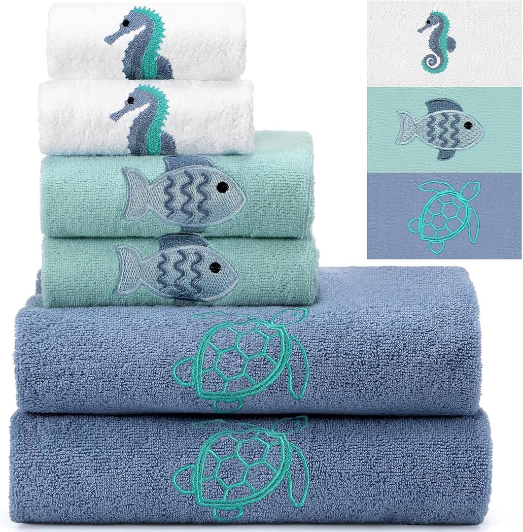 6 Pcs Coastal Ocean Beach Embroidered Towel Set 2 Bath Towels, 2 Hand Towels, 2 Washcloths with Fish, Seahorse, Turtle Design Decorative Summer Towel for Bathroom Shower Kitchen, 6 pieces