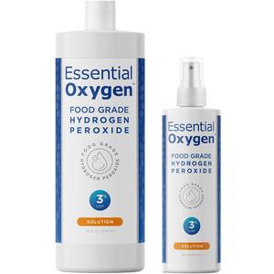 Essential Oxygen, Food Grade Hydrogen Peroxide, 8 + 32 fl oz, Natural Cleaner, 3%, 1 - 8 fl oz spray and 1 - 32 fl oz bottle, Refill, HP (Pack of 2)