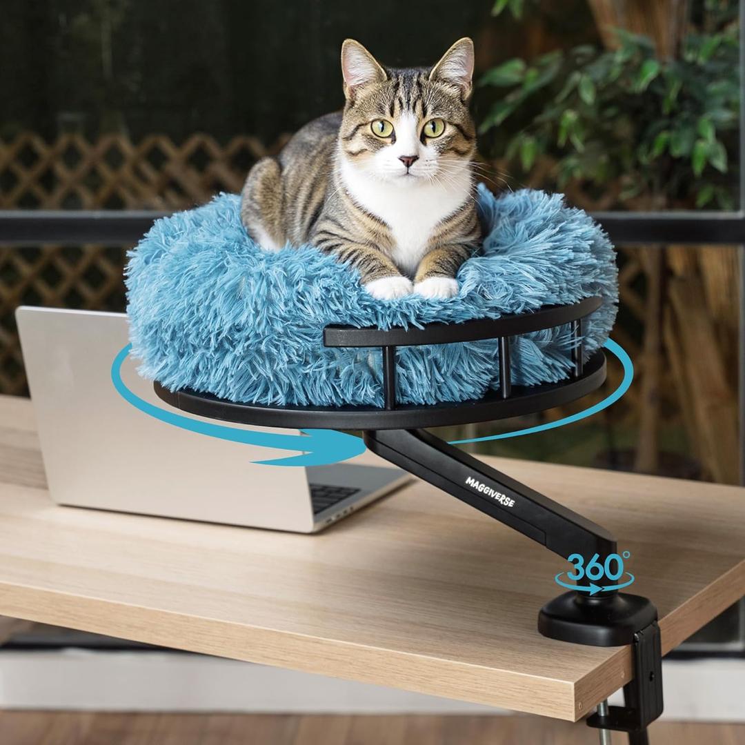 Cat Desk Bed  360 Rotating Hammock Mount with Strong Clamp | Supports 44 lbs | Reinforced Wood Base, Plush Washable Cushion, Easy Tool-Free Install, Space-Saving Modern Furniture