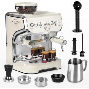 Amaste Espresso Machine with Grinder, 15 Bar Espresso Machine with Steam Wand for Latte and Cappuccino, 68Oz Water Tank, Pre-Infuse Brewing, Espresso Coffee Maker for Home Use, Barista Kit, White