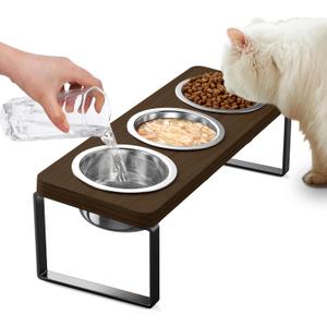 Elevated Cat Bowls with 3 Stainless Steel Bowls | 10 Tilted Anti-Vomiting Raised Cat Food Bowl for Small Cats and Puppies Pet Bowl with StandWalnut Color