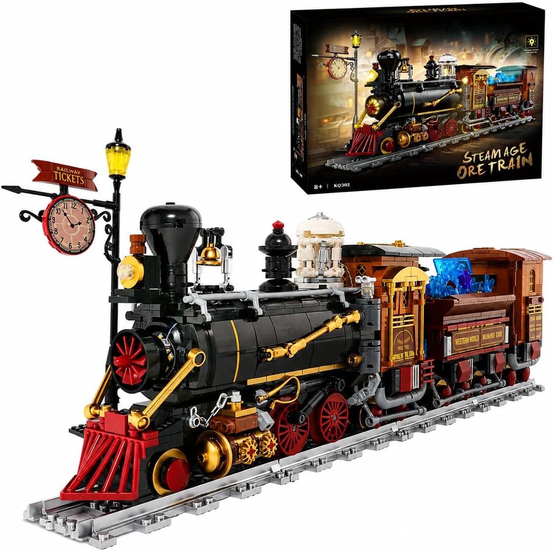 Wild West Ore Train Lighting Building Block Set with Signpost- 1402PCS | Steam Locomotive Model with LED Lights & Moving Parts, Retro Train Decor, Creative Gift for Adults&Teens&Western Enthusiasts