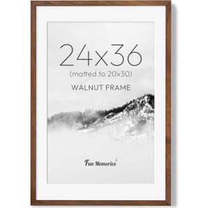 24x36 Picture Frame, USA-Sourced Walnut Wood Photo Frames with HD Tempered Glass, 24 x 36 Wood Poster Frames for Wall, Wooden 24x36 Frame Matted to 20x30, Horizontal or Vertical Wall Display