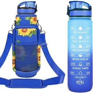 32 oz Water Bottles with Straw & Strap, Motivational Water Bottles with Times to Drink, BPA Free Reusable Sports Water Bottle with Sleeve Carrier for Hiking, Travel, Running or Fitness