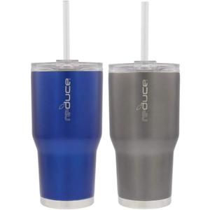reduce COLD-1 Vacuum Insulated Thermal Tumbler with Two Extra Straws, 30oz - Satin Grey & Blue (2 Pack)