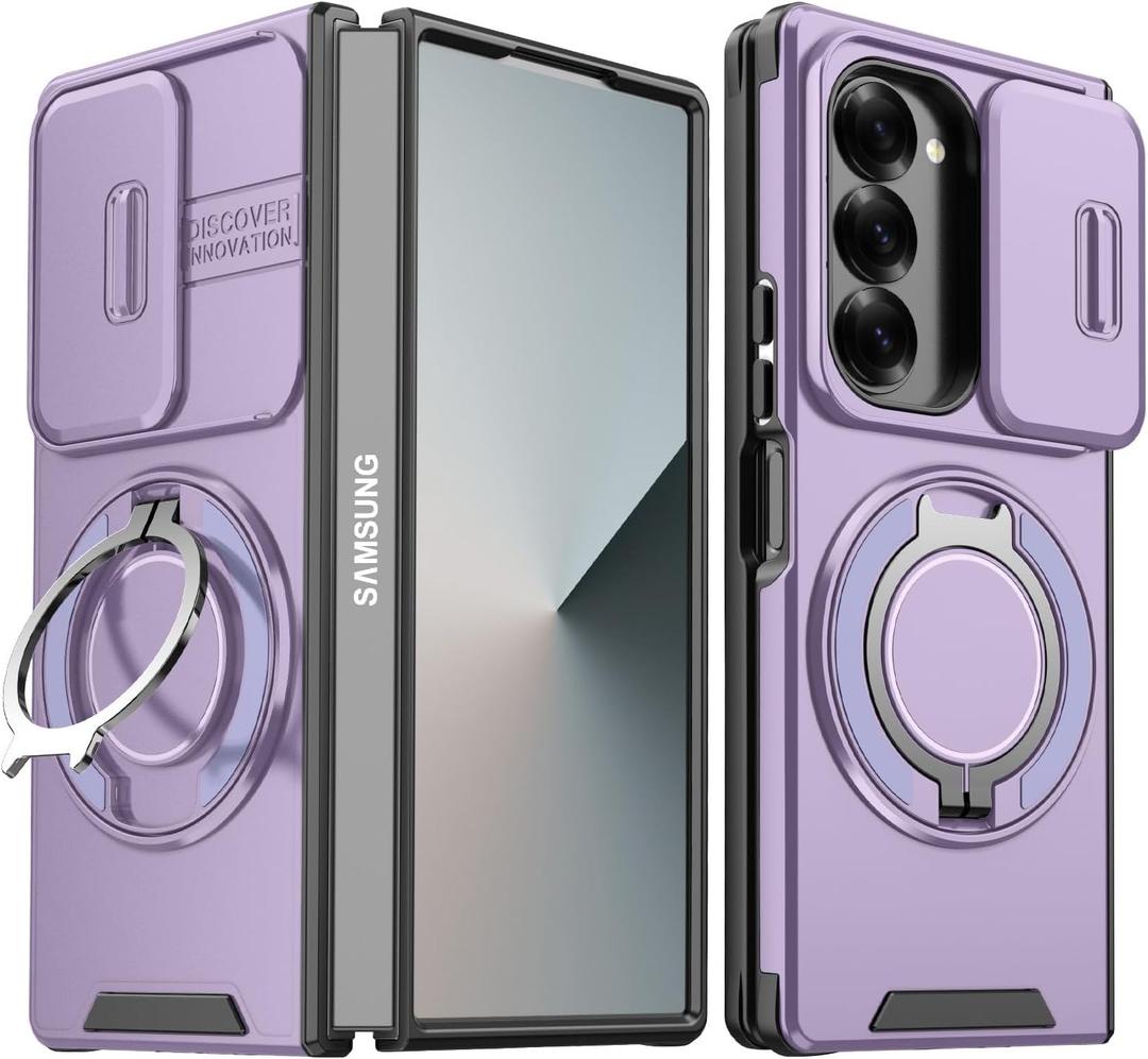 Guppy Magnetic Case for Samsung Galaxy Z Fold 7, [Compatible with MagSafe] with Magnetic Ring Kickstand 360Rotatable Slim Shockproof Bumper Thin Cover, Matte PC Cover Phone Case-Purple