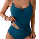 B2prity Tankini Swimsuits for Women Tummy Control Ruched Two Piece Bathing Suit V Wire Neck Swim Suit Tie Back Swimwear, Size Medium, Blue 