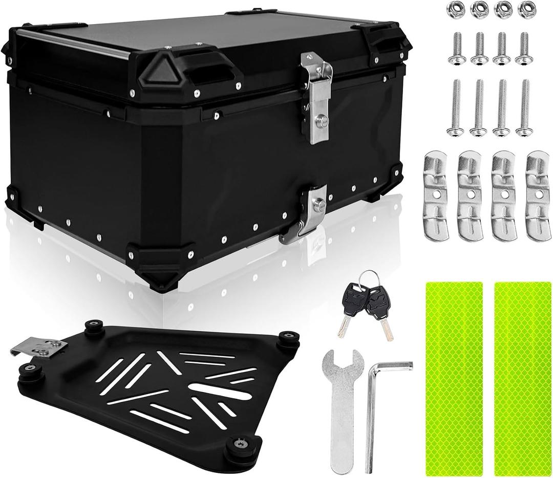 Motorcycle Top Case 65L Aluminum Alloy Motorbike Tail Box Waterproof Detachable Motorcycle Top Box with Leather Lining and Security Lock Suitable for Stowing Helmets and Luggage