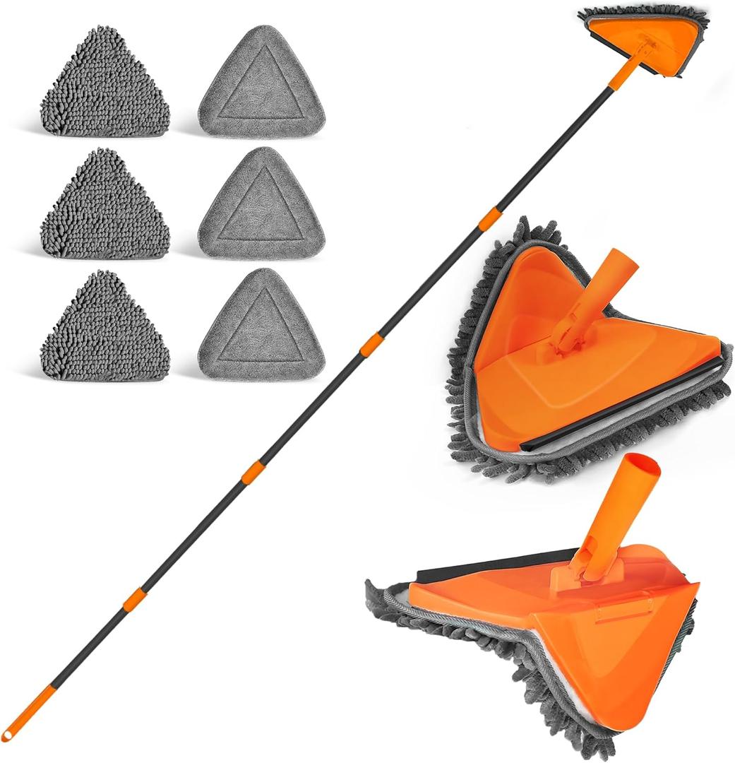 JEHONN Wall Mop with Long Handle 80 inches, Upgraded 180 Collapsible Baseboard Cleaner Tool with Squeegee, Ceiling Duster with 3 Microfiber and 3 Chenille Pads for Cleaning Window, Cabinet (Orange)