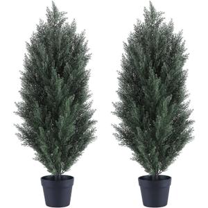 THE BLOOM TIMES 3ft Topiary Trees Artificial Outdoor  UV Resistant Faux Cedar Pine Cypress Bushes and Shrubs, Fake Potted Plants for Front Porch Outside Planter Patio Decor, Set of 2 (3 Foot) (Dark Green)