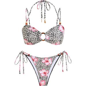 ZAFUL Women's Bandeau Bikini Strapless O Ring Lace Tie Back High Cut Two Piece Swimsuit Bathing Suits (M)