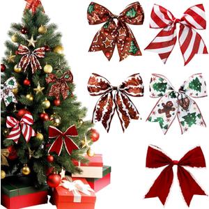 20 Pcs Christmas Bow Gingerbread 6 Inch Large Christmas Wreaths Bows for Tree Gift Wrapping Garland Decoration Vintage Holiday Party Crafts Xmas Tree Ribbon Ornaments