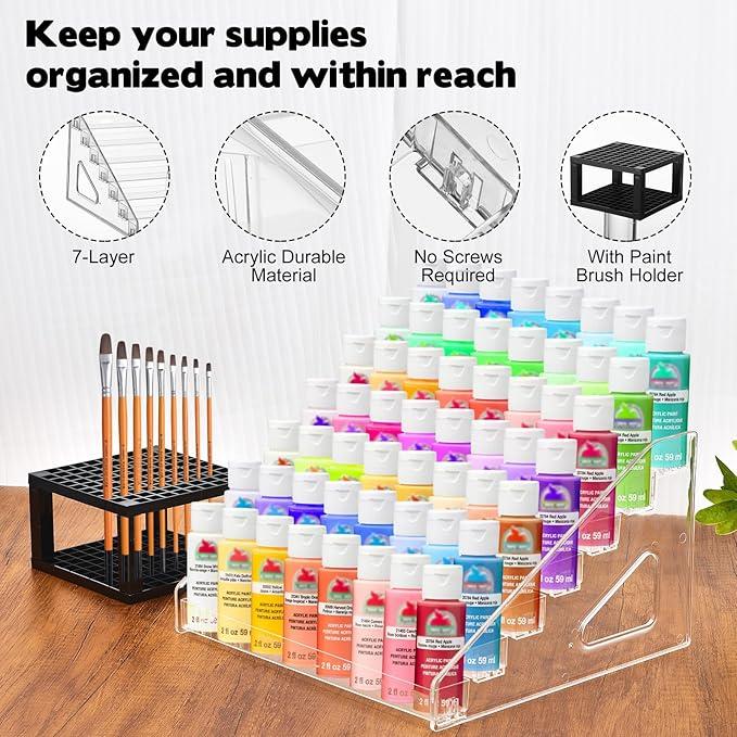 1 Pc Clear Paint Organizer with Paint Brush Holder,7 Layers Acrylic Paint Organizer, Paint Storage Rack, Craft Paint Organizer Rack, Miniature Paint Holder for Paint Storage