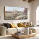 LEVERUP Vintage Farmhouse Highland Cow Wall Art 29"x58" Rustic Barn and Wildflower Field Canvas Painting for Living Room, Bedroom, or Dining Room Decor