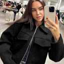 hathne Women's Wool Coat Casual Copped Bomber Jacket Zip Up Fall Shacket Coat Outerwear with Pockets (Black, M)