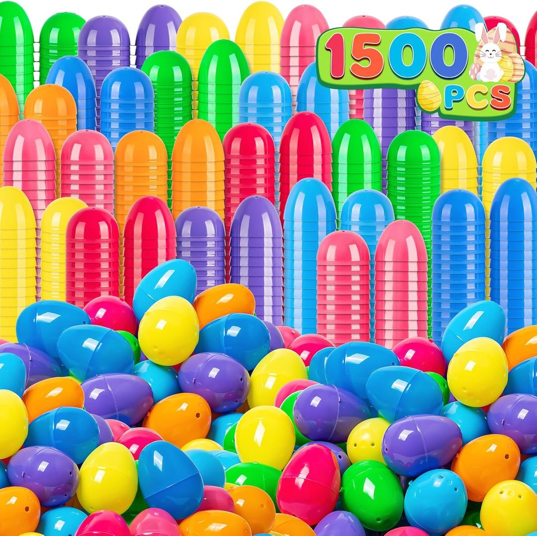 Jumlys 1500 PCS 2.4" Plastic Easter Eggs, Empty Fillable Colorful Easter Eggs with Hinge, Perfect for Easter Hunt, Basket Stuffers & Party Favors