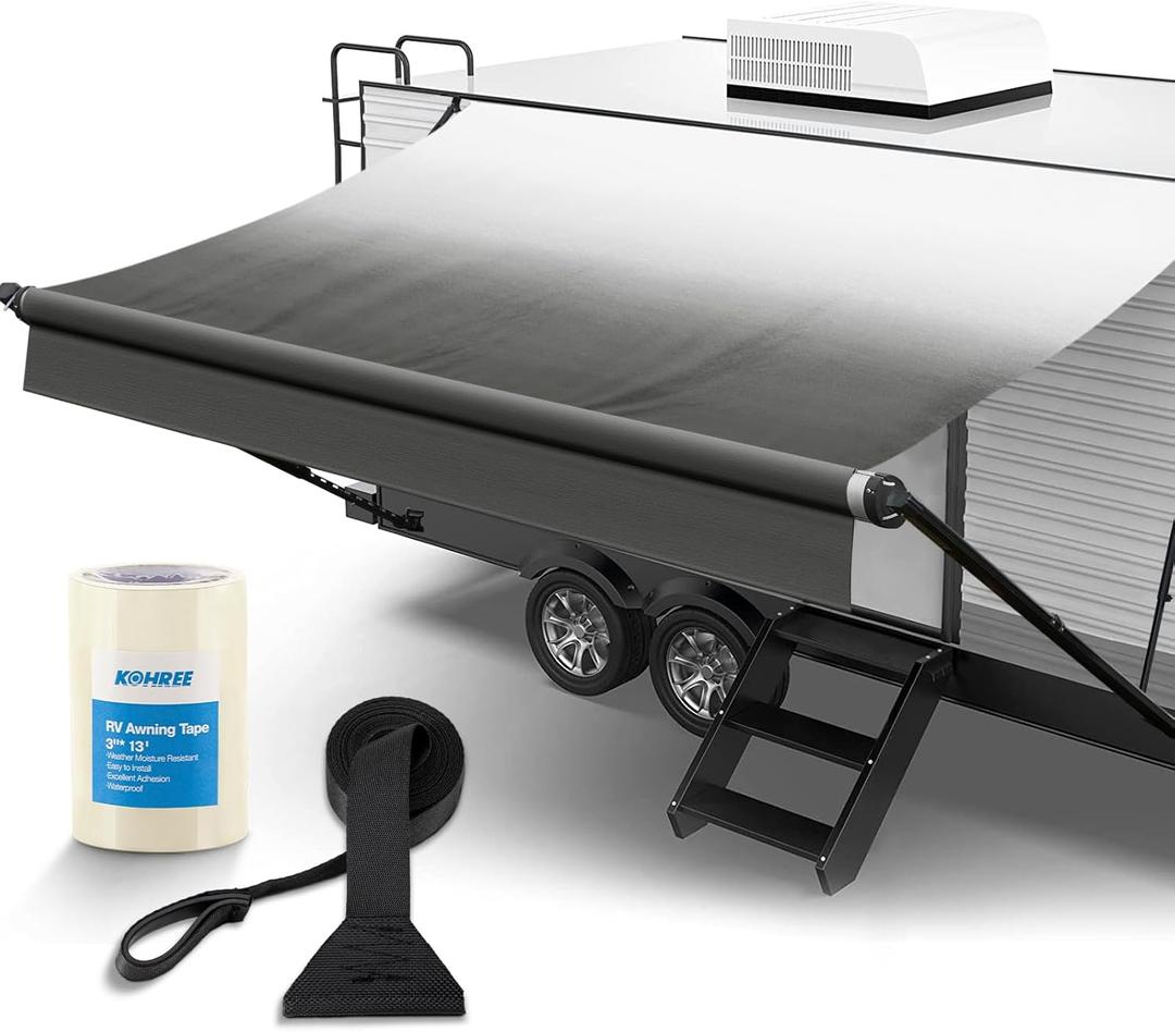 Kohree 18' Rv Awning Fabric Replacement, 19oz Weatherproof Heavy Duty Anti-Fading Awning Replacement with Pull Strap, Outdoor Canopy for Camper, Trailer, Motorhome, Black Fade, (Fabric 17'2")