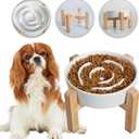 Elevated Slow Feeder Dog Bowl - Ceramic Maze Food Dish with Bamboo Stand - Raised Feeding Bowl for Fast Eaters - Ideal for Small and Medium Dogs - White - 6.7 inch (1.25 CUP)