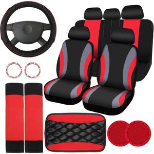 Sinmoe 17 Pcs Car Seat Covers Full Set, Steering Wheel Cover Center Console Pad Armrest Safety Belt Seatbelt Cup Mats Emblem Ring Sticker Accessories Set (Black, Red)