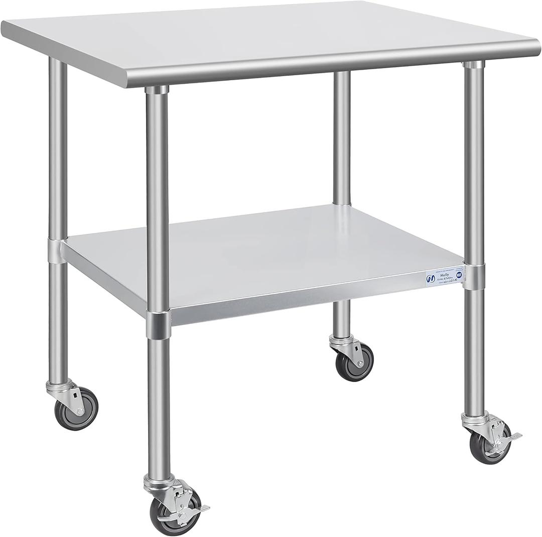 Hally Stainless Steel Table for Prep & Work 30 x 36 Inches with Caster Wheels, NSF Commercial Heavy Duty Table with Undershelf and Galvanized Legs for Restaurant, Home and Hotel