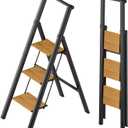SOLADDER 3 Step Ladder with Handrails, Anti-Slip and Foldable Step Stool with Widen Pedals, Portable Stepladders for Home, Kitchen and Indoor, Space Saving -300lbs(Black+Woodgrain)