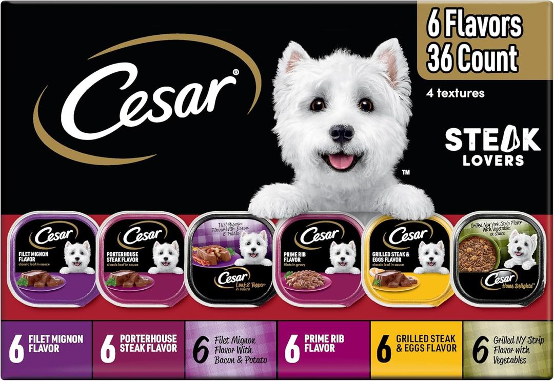 Cesar Wet Dog Food Steak Lovers Variety Pack, Adult, Wet Food for Dogs with Real Meat, 3.5 oz Easy Peel Trays, 36 CountbBBD 06/2027